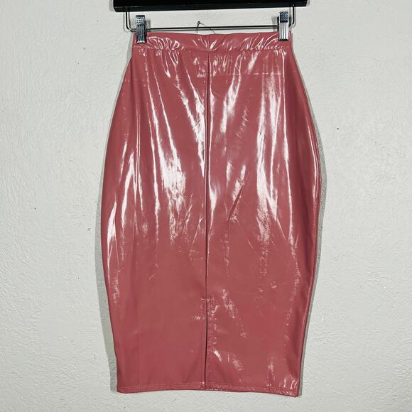 NEW! Asos Petite Wet Plastic Look Skirt Pencil Midi Pink Bodycon Rose - 00 - Picture 4 of 5